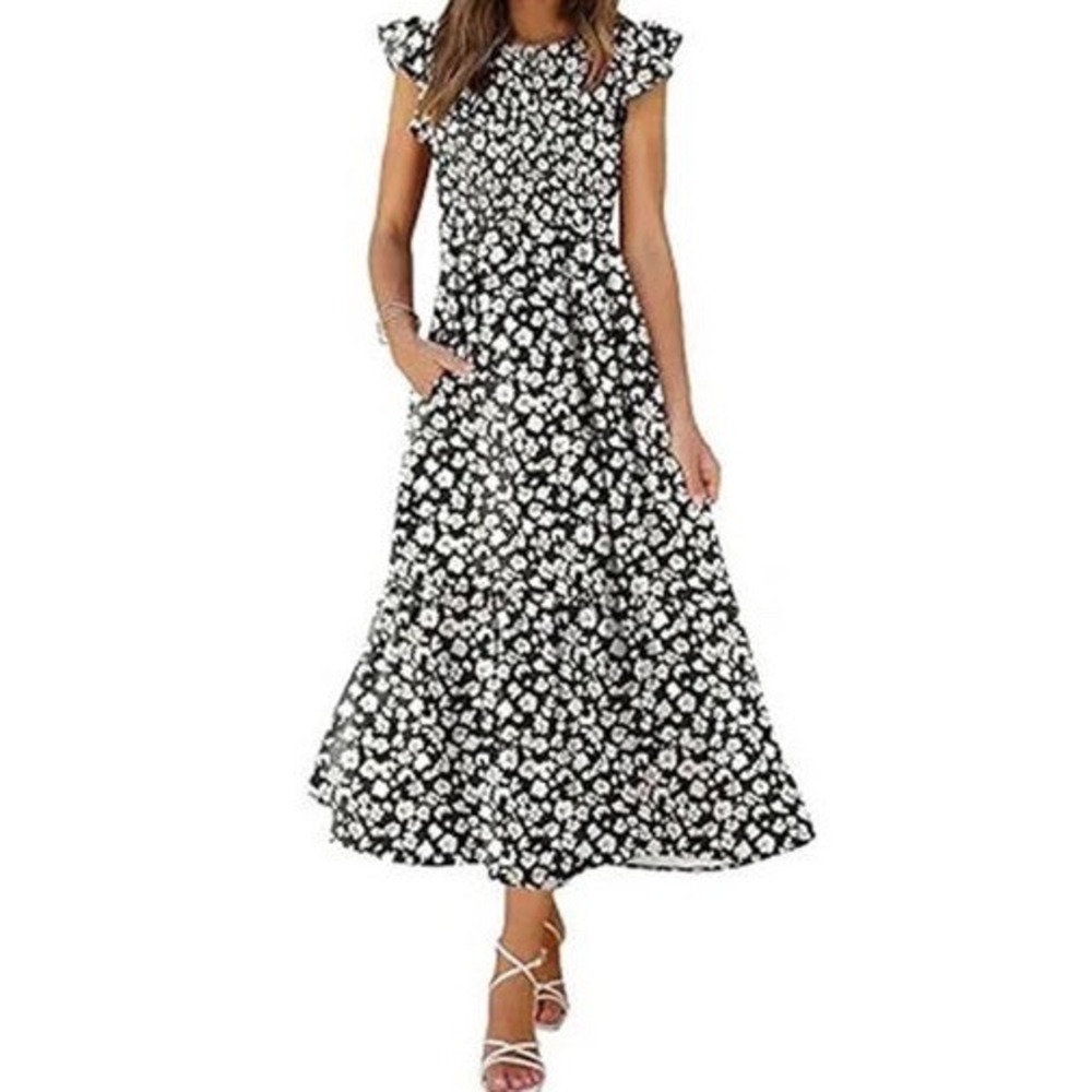 Womens Black Floral Smocked Maxi Spring Wedding Guest Dress Cap Sleeve Small